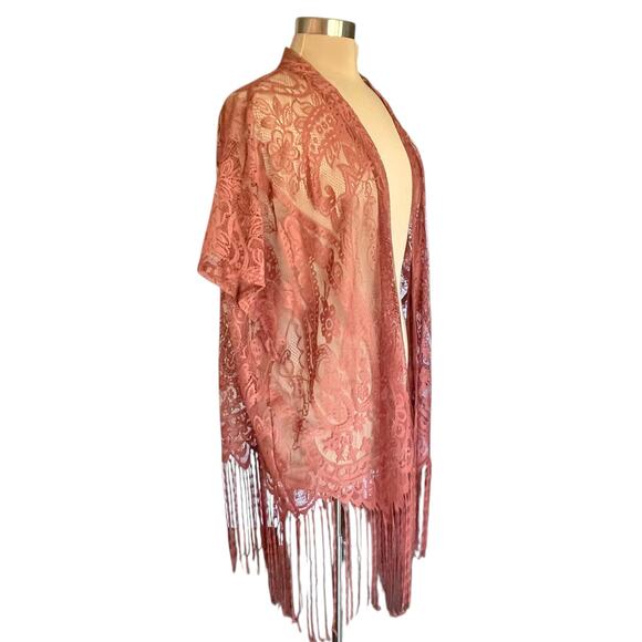 J Roberts Sheer Lace Fringed Kimono Paisley Rust Size M Bohemian Hippie Festival - Picture 3 of 11